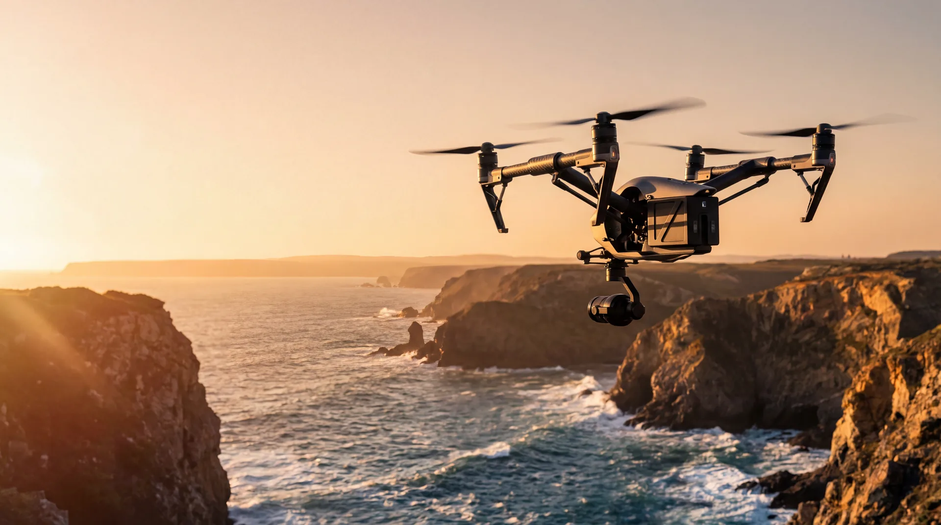 Drone hovering above a dramatic New Zealand coastline at golden hour.